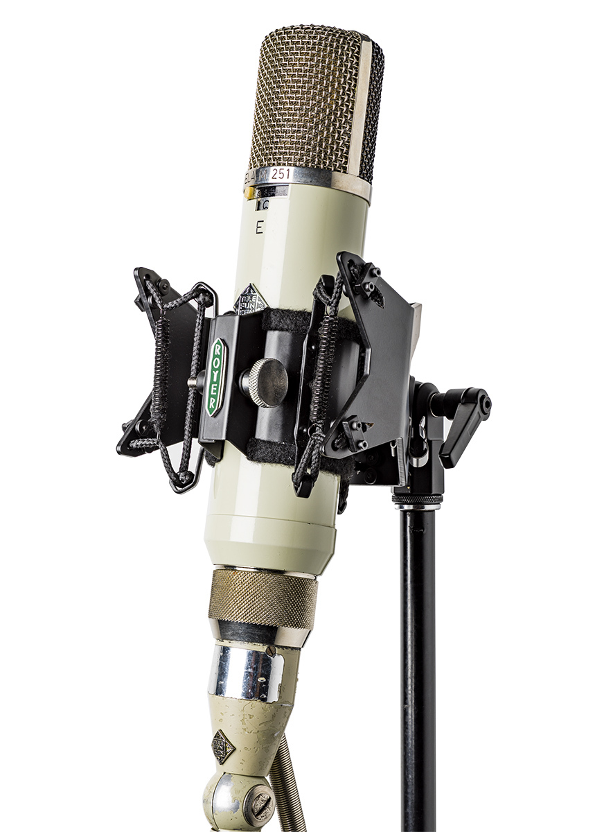 A 251-style microphone in a Sling-Shock RSM-SS251 shock mount