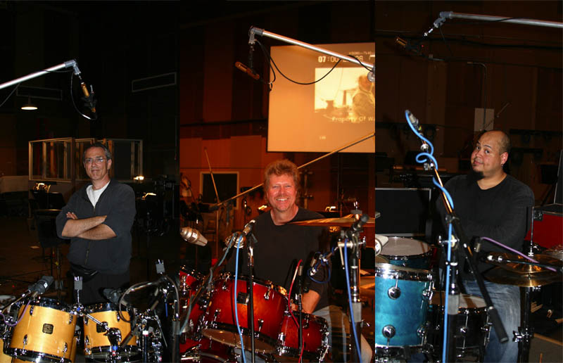 Three drum kits on the Sony scoring stage, each with one R-122V tube ribbon mic overhead