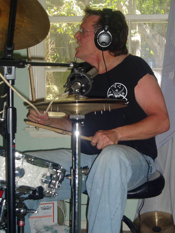 Richie Hayward’s drum kit miked with Royer ribbons on a home recording session